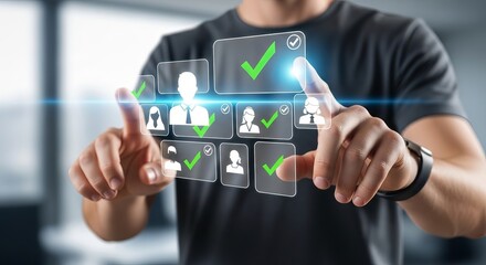 Obraz premium Business professional interacting with a digital interface to select qualified candidates for a corporate job opening