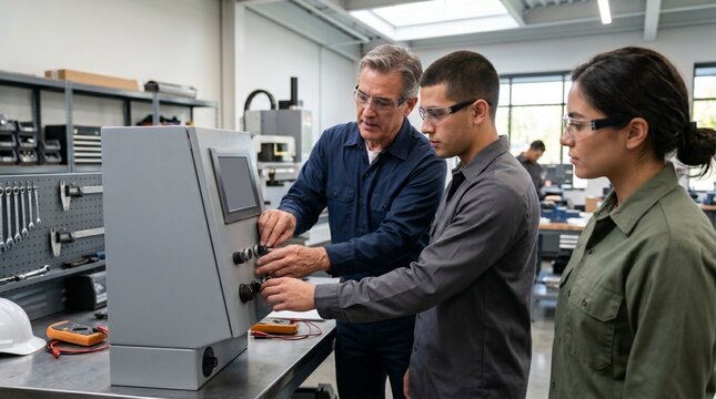 Mature Technician Leading Reskilling Session In Modern Industrial Workplace
