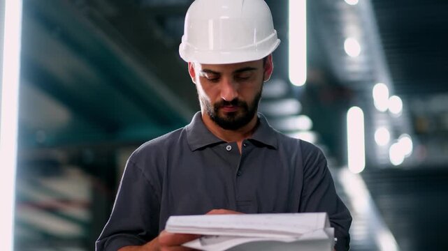 Helmeted engineer holding project documents and looking up inside a smart parking facility, inspecting automated parking systems and supervising modern garage operations with a focused professional pr
