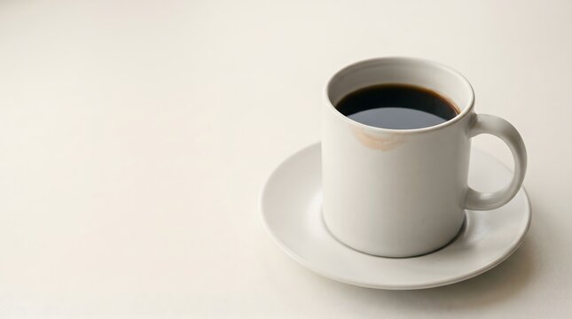 Plain white ceramic mug half-filled with cold dark coffee with faint lipstick impression on rim on white surface, absence grief someone gone loss remembrance concept art horizontal with copy space