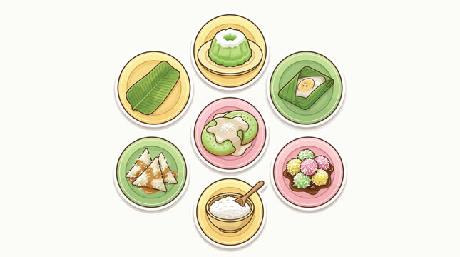 An illustration of various traditional Southeast Asian desserts and sweet snacks served on colorful plates, showcasing a variety of textures and flavors.