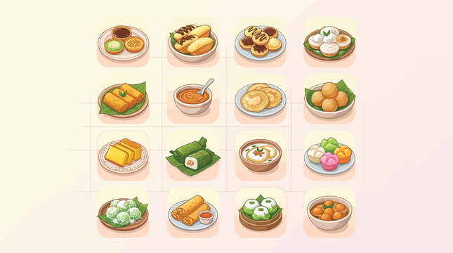 A vibrant illustration showcasing a diverse collection of traditional Indonesian snacks and desserts arranged in a grid format.