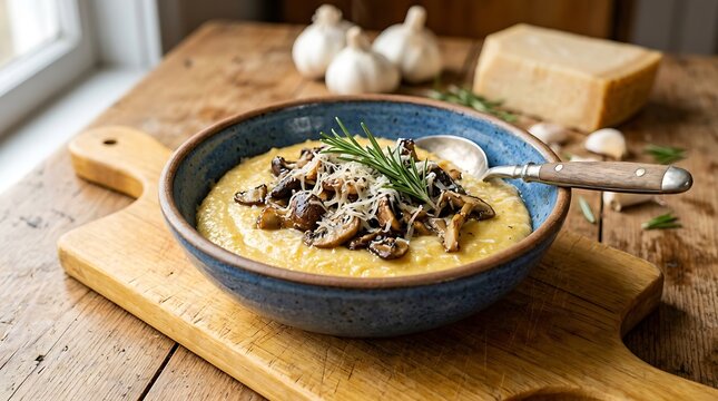 A bowl of creamy mushroom soup on a wooden cutting board with cheese and garlic