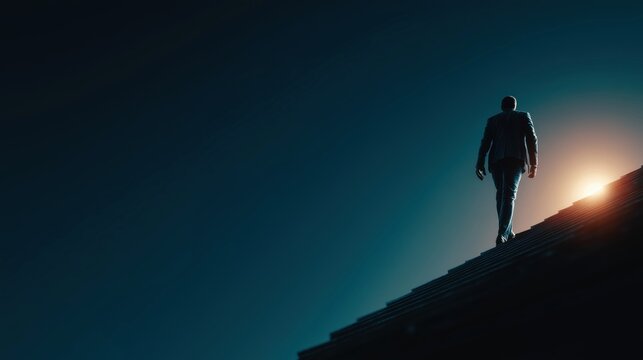Lonely businessman walking uphill toward light in dark minimalist scene.

