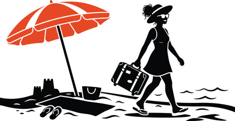 Beach scene silhouette featuring a woman with luggage parasol and sandcastle on a white background seashore coast sand © Md. Hafizul Islam