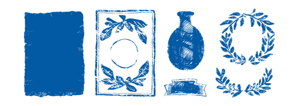 Ancient Greek stamp design set: laurel wreath frame, amphora vase, ribbon label and rustic blank stamp in linocut style &mdash; engraved vector illustration for mediterranean travel and vintage lifestyle