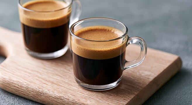 Two Rich Espresso Shots Served in Clear Glass Cups on a Wooden Board.