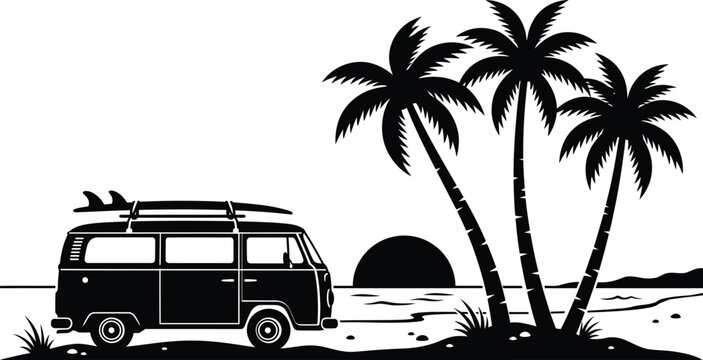 Volkswagen bus with surfboard and palm trees black silhouette against a white background transporter kombi type campervan surfmobile