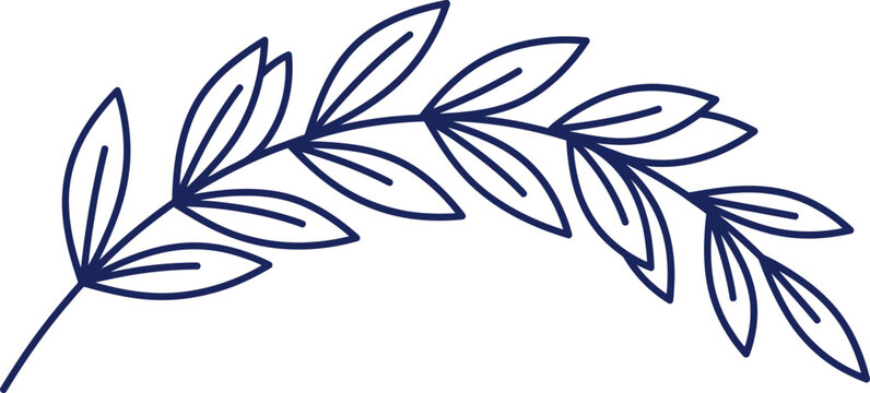 Minimalist laurel branch vector illustration, hand drawn olive leaf sprig in navy blue line art, elegant botanical foliage element for wedding stationery