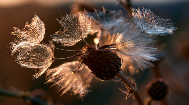 Cirsium vulgare seed head backlit by golden radian light, individual achene pappus filaments glowing translucent against deep field, thistledown dispersal macro, wind pollination ecology visual for 