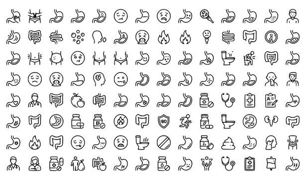 Stomachache and Digestive Health Line Icons Set Editable Stroke Medical Vector Collection