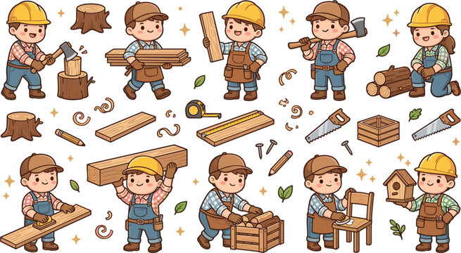 Cute Cartoon Carpenter Kids Woodworking Character Set Vector Illustration Clipart Collection