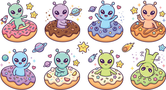Cute Kawaii Alien Characters Sitting on Colorful Donuts Space Cartoon Vector Illustration Set
