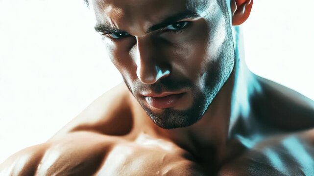 A fit male model with defined abs and muscular shoulders. Perfect for fitness advertisements or magazines.