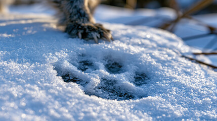 Obraz premium Fox canid paw print pressed into fresh powder snow, vulpes track pattern showing four digit oval pad impressions with claw tips, negative space track in crystalline snowpack, wildlife field sign, wi
