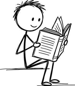 Stick figure drawing of a happy person sitting and reading a book