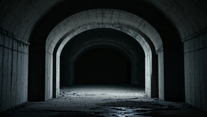 Fototapeta premium Dark concrete tunnel with symmetrical arched vaults and mysterious shadows