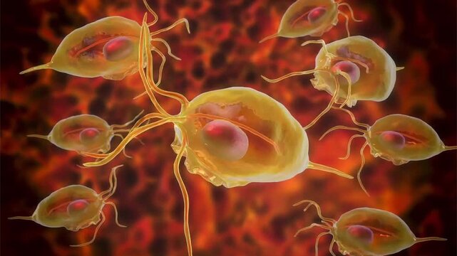 Trichomonas vaginalis trophozoites, 3D animation showing slowly rotating flagellated protozoa, illustrating sexually transmitted parasitic infection.