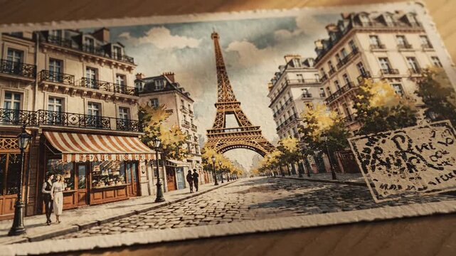A close-up photo of a puzzle depicting a Parisian street scene with Eiffel Tower