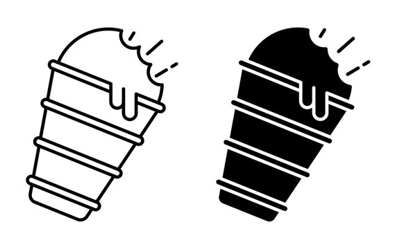 Linear icon. Bitten ice cream in a crispy waffle cone. Simple black and white vector symbol isolated on white background