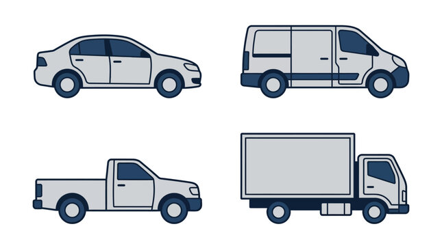 A set of various generic motor vehicles shown in profile view
