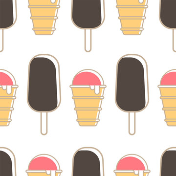 Seamless pattern of glazed chocolate ice cream on a stick and strawberry outer waffle cone. Vector ice cream on white background