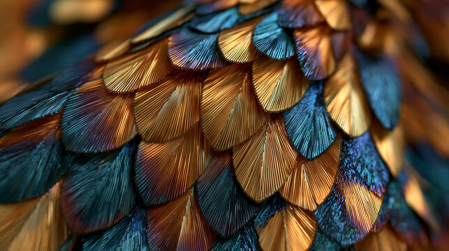 Lepidoptera moth wing scale arrangement under epi-illumination, overlapping chitinous scales in roof tile pattern, each scale surface bearing longitudinal ridges creating structural coloration throu