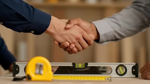 Close up of two construction professionals shaking hands over a building site table with measuring tape and level tool