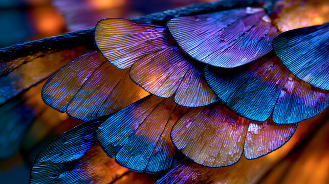 Lepidoptera moth wing scale arrangement under epi-illumination, overlapping chitinous scales in roof tile pattern, each scale surface bearing longitudinal ridges creating structural coloration throu