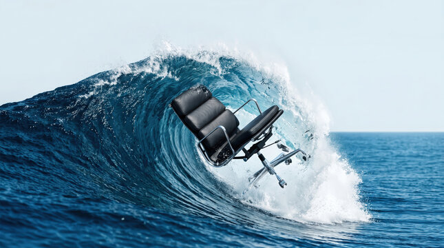 Office Chair Swept Away by Giant Ocean Wave &ndash; Job Loss and Career Crisis Concept