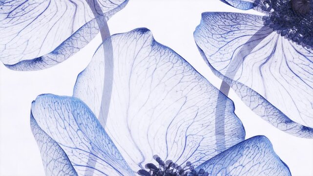 Blue translucent flower petals with detailed veins swaying in the wind close-up, horizontal minimalist x-ray nature animation on soft white background