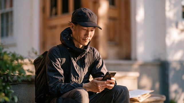 Gig economy food courier reviewing a digital platform deactivation notice on a phone screen while sitting on a stoop between deliveries, gig worker rights documentation on paper