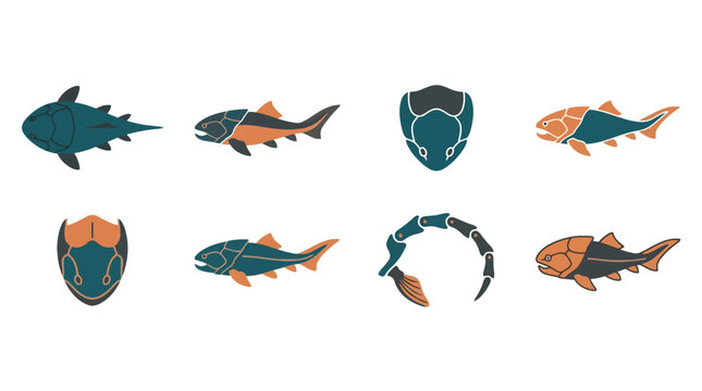 Set of prehistoric armored fish icons on white background