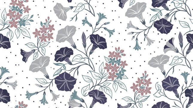 Seamless pattern with morning glory flowers and lilac branches