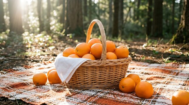 A wicker basket filled with oranges on a plaid blanket in the woods