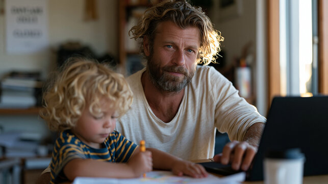 Father on a video call for work while simultaneously reaching across the table to redirect his toddler's crayon, home office chaos, daycare closed notice visible in the
