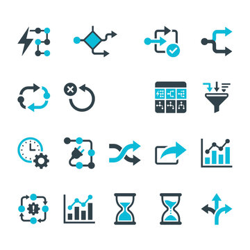Intelligent workflow automation and smart business process orchestration symbols in dual-tone style for automation platform apps, workflow tool pitch decks, process management dashboards, and business