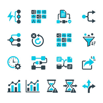 Intelligent workflow automation and smart business process orchestration symbols in dual-tone style for automation platform apps, workflow tool pitch decks, process management dashboards, and business