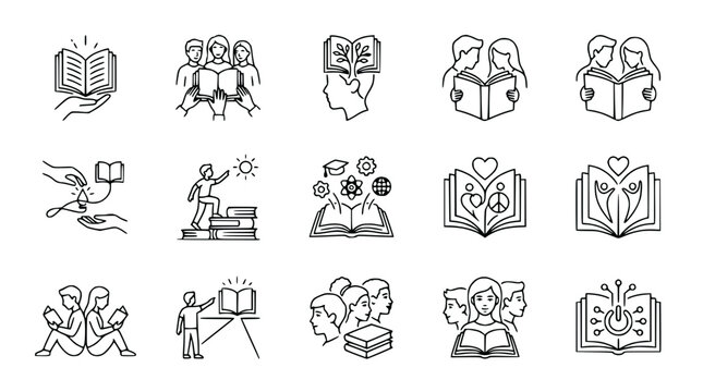 Collection of Book Reading and Knowledge Icons: Education, Learning, Literature, Ideas, Community