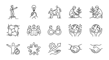 Obraz premium Teamwork, success, growth, and sustainability icons: business, collaboration, planting, earth care