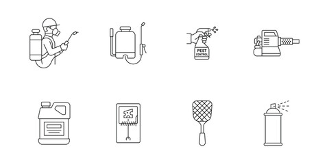 Fototapeta premium Pest control and disinfection service line icon set including exterminator sprayer chemicals fogging machine fly swatter and insect trap