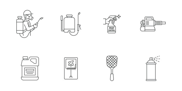 Pest control and disinfection service line icon set including exterminator sprayer chemicals fogging machine fly swatter and insect trap