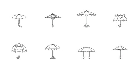 Collection of various umbrella and parasol line icons including outdoor patio cute animal and traditional styles for weather protection design © Authay