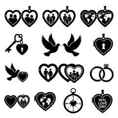 Fototapeta premium Love Family Relationship Icons Set Doves Rings Lockets Key Compass