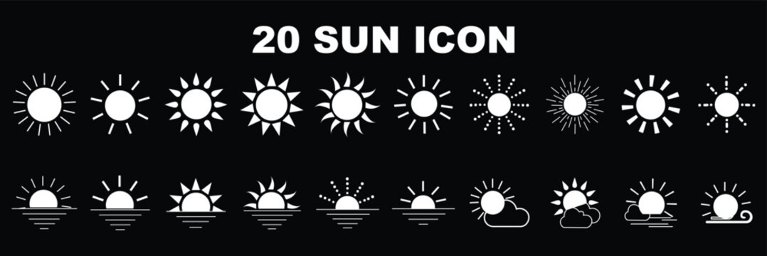 Yellow sun icon set. Sunrise or sunset vector sign. Full and half sun and sunlight icon. Hot solar energy for tan. Sun flat cartoon icon