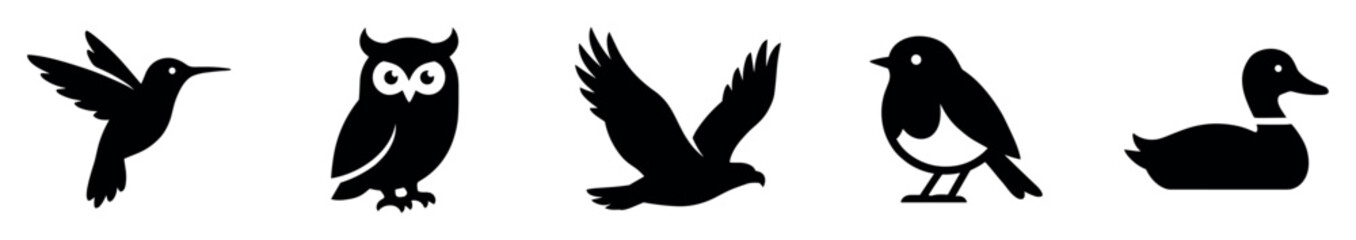 Obraz premium Bird icons set. Various species of birds concept. Includes hummingbird, owl, eagle, robin, duck. Solid black silhouette style