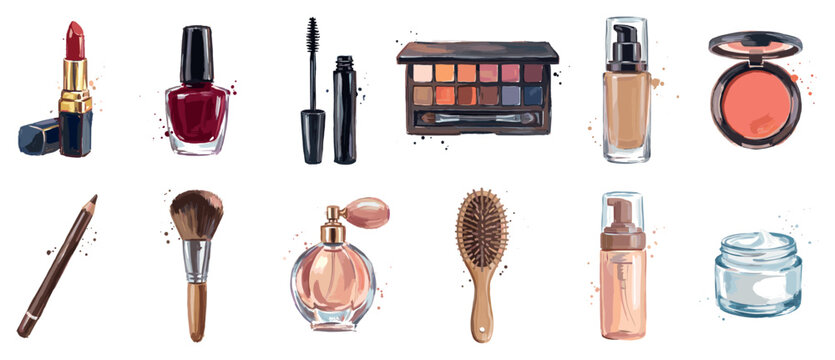 Beauty product icons set. Makeup and cosmetic essentials concept. Includes lipstick, nail polish, mascara, eyeshadow palette, foundation, blush, eyeliner, brush, perfume, hairbrush, mousse,