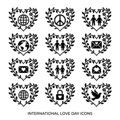 Fototapeta premium International Love Day Icon Set Floral Heart Shapes