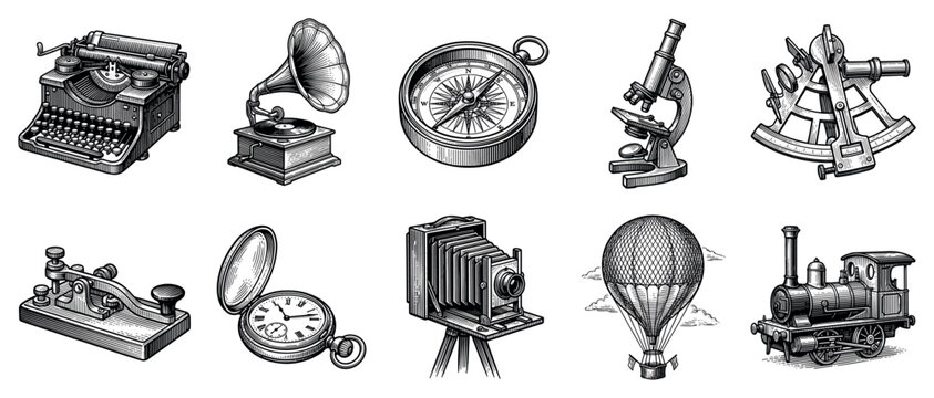 Vintage technology icons set. Old inventions and discoveries concept. Includes typewriter, gramophone, compass, microscope, sextant, telegraph, pocket watch, camera, hot air balloon, train