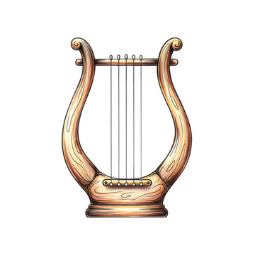 Ancient Greek wooden lyre musical instrument with five vertical strings and detailed wood grain illustration isolated on a white background for classical music and history themes.